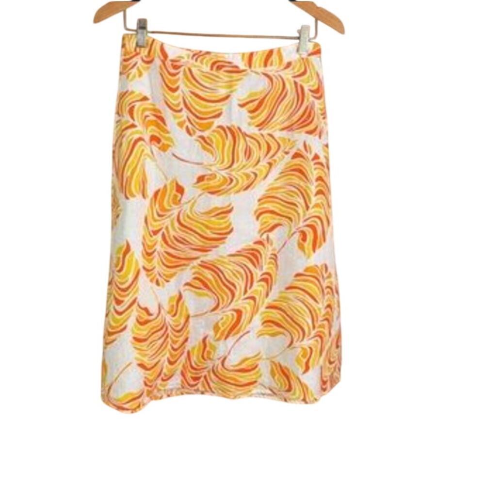 Richard Malcolm Linen Tropical Print A-Line Midi Skirt Size 4 Orange